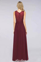 Ruffle A-Line Floor-Length Bridesmaid Dress Chiffon Lace V-Neck Evening Dress by misshow.com