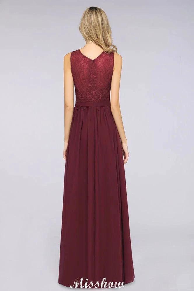 Ruffle A-Line Floor-Length Bridesmaid Dress Chiffon Lace V-Neck Evening Dress by misshow.com