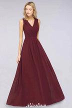 Ruffle A-Line Floor-Length Bridesmaid Dress Chiffon Lace V-Neck Evening Dress by misshow.com