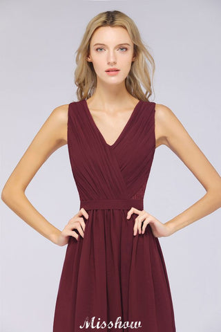 Vestido de dama de honor con volantes, corte A, largo hasta el suelo, de gasa, encaje y escote en V.