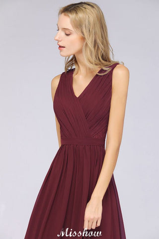 Vestido de dama de honor con volantes, corte A, largo hasta el suelo, de gasa, encaje y escote en V.