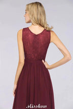 Ruffle A-Line Floor-Length Bridesmaid Dress Chiffon Lace V-Neck Evening Dress by misshow.com