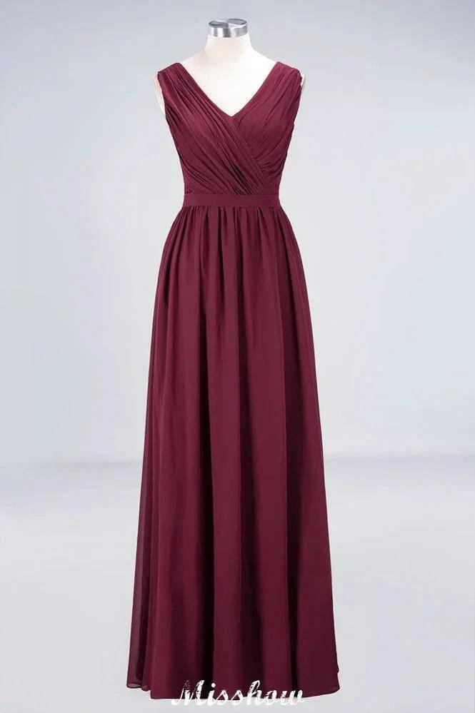 Ruffle A-Line Floor-Length Bridesmaid Dress Chiffon Lace V-Neck Evening Dress by misshow.com
