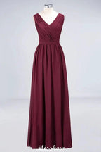 Ruffle A-Line Floor-Length Bridesmaid Dress Chiffon Lace V-Neck Evening Dress by misshow.com