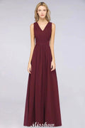 Ruffle A-Line Floor-Length Bridesmaid Dress Chiffon Lace V-Neck Evening Dress by misshow.com