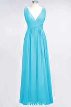 Ruffle Chiffon Sleeveless Evening Maxi Gown V-Neck Bridesmaid Dress by misshow.com
