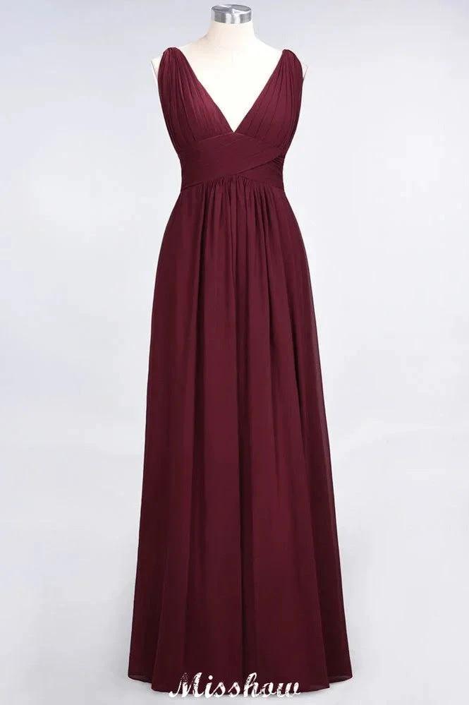Ruffle Chiffon Sleeveless Evening Maxi Gown V-Neck Bridesmaid Dress by misshow.com