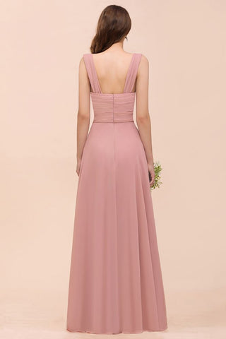 Vestido maxi rosa empolvado de dama de honor con tirantes y volantes en forma de A para niñas