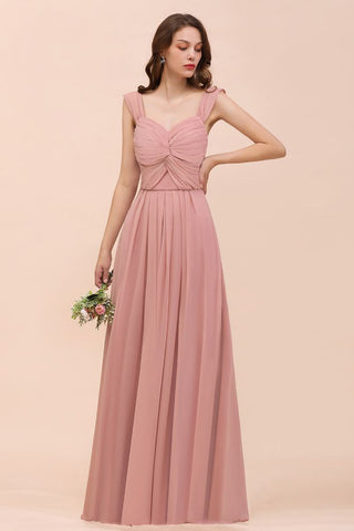 Vestido maxi rosa empolvado de dama de honor con tirantes y volantes en forma de A para niñas
