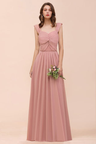 Vestido maxi rosa empolvado de dama de honor con tirantes y volantes en forma de A para niñas