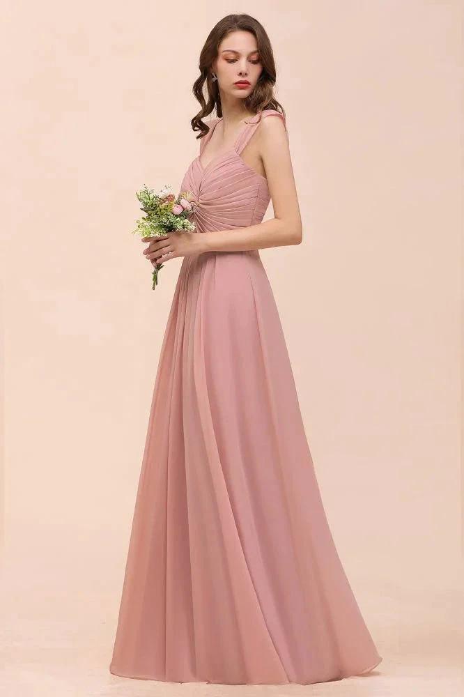 Ruffle Straps A-line Maxi Dusty Pink Bridesmaid Dress for Girls by misshow.com