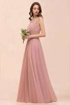 Ruffle Straps A-line Maxi Dusty Pink Bridesmaid Dress for Girls by misshow.com