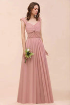 Ruffle Straps A-line Maxi Dusty Pink Bridesmaid Dress for Girls by misshow.com