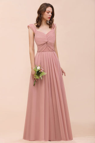 Vestido maxi rosa empolvado de dama de honor con tirantes y volantes en forma de A para niñas