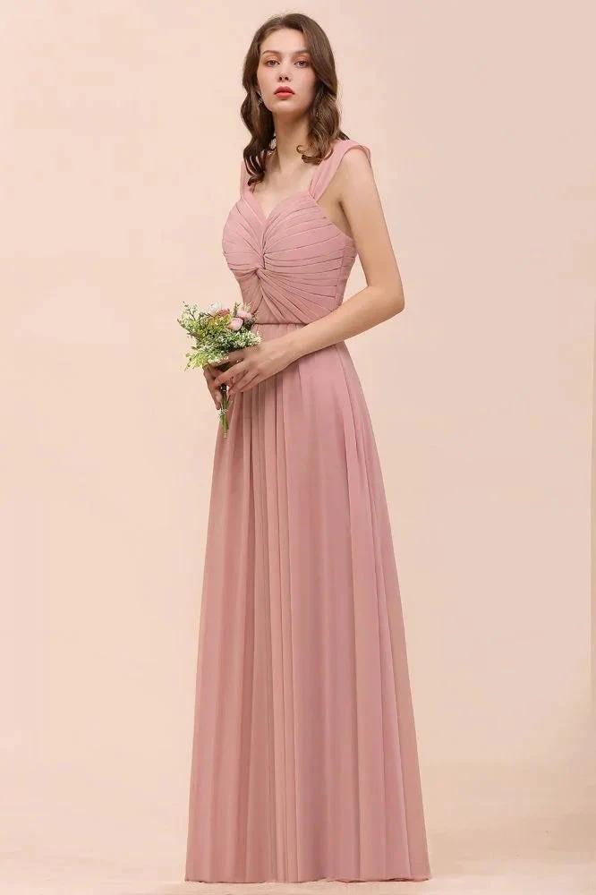Ruffle Straps A-line Maxi Dusty Pink Bridesmaid Dress for Girls by misshow.com