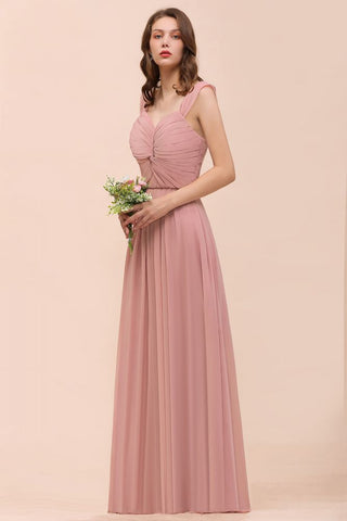 Vestido maxi rosa empolvado de dama de honor con tirantes y volantes en forma de A para niñas