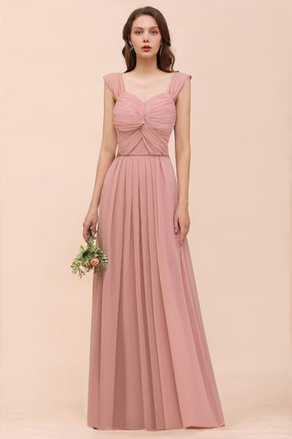 Vestido maxi rosa empolvado de dama de honor con tirantes y volantes en forma de A para niñas