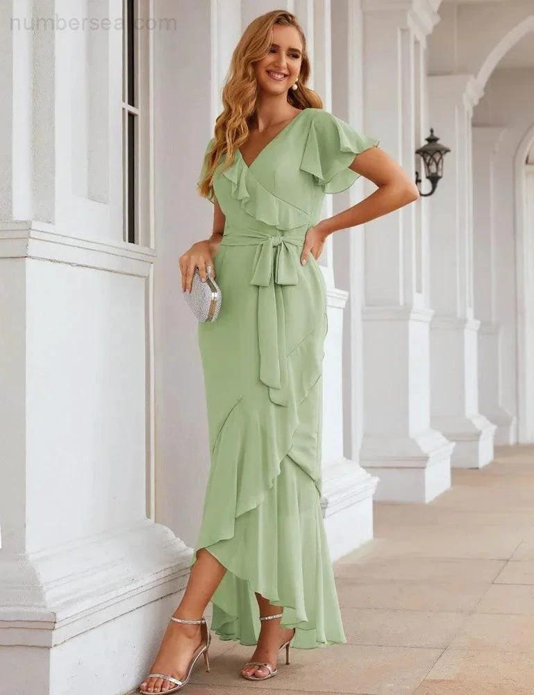 Ruffled Bridesmaid Dresses Maxi Long Women Chiffon Mermaid Formal Violin Evening Party Prom Gowns SEA28042 by numbersea