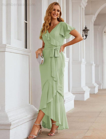 Ruffled Bridesmaid Dresses Maxi Long Women Chiffon Mermaid Formal Violin Evening Party Prom Gowns   SEA28042