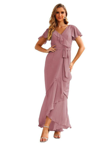 Ruffled Bridesmaid Dresses Maxi Long Women Chiffon Mermaid Formal Violin Evening Party Prom Gowns   SEA28042