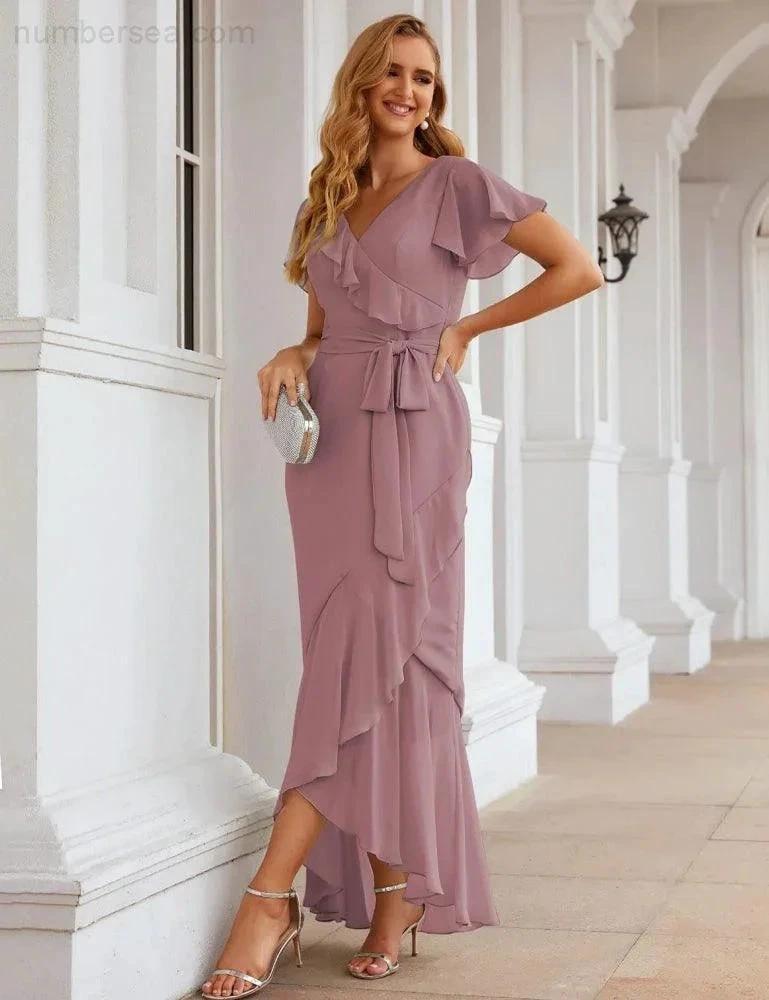 Ruffled Bridesmaid Dresses Maxi Long Women Chiffon Mermaid Formal Violin Evening Party Prom Gowns SEA28042 by numbersea