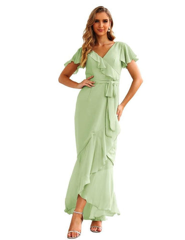 Ruffled Bridesmaid Dresses Maxi Long Women Chiffon Mermaid Formal Violin Evening Party Prom Gowns   SEA28042