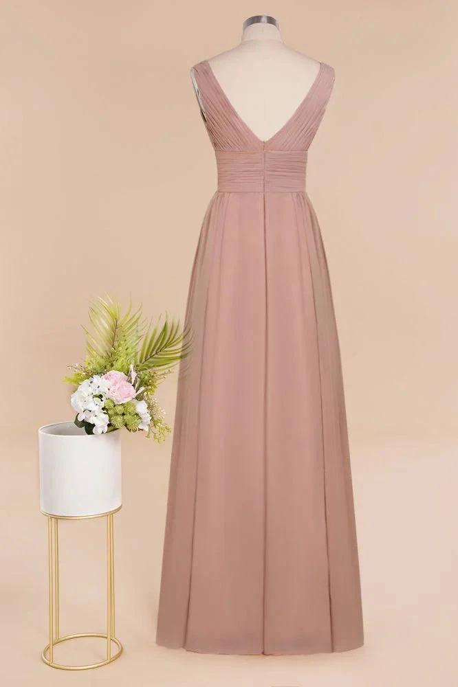 Ruffles V-Neck A-line Dusty Pink Bridesmaid Dresses | Sleeveless Floor-Length Evening Dresses by misshow.com