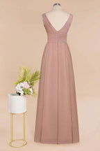 Ruffles V-Neck A-line Dusty Pink Bridesmaid Dresses | Sleeveless Floor-Length Evening Dresses by misshow.com