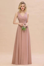 Ruffles V-Neck A-line Dusty Pink Bridesmaid Dresses | Sleeveless Floor-Length Evening Dresses by misshow.com