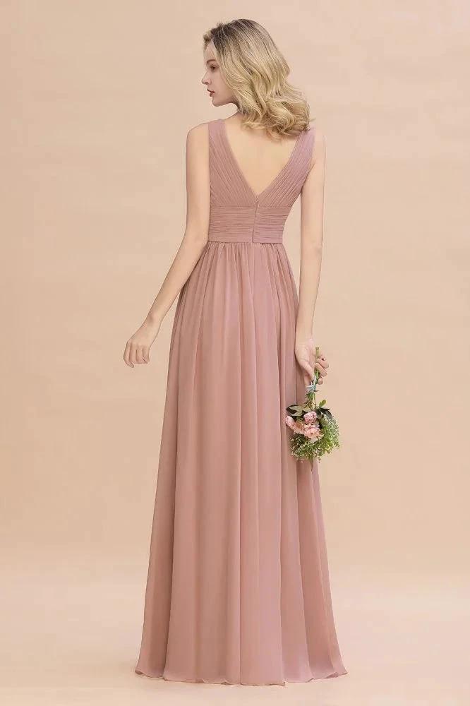 Ruffles V-Neck A-line Dusty Pink Bridesmaid Dresses | Sleeveless Floor-Length Evening Dresses by misshow.com