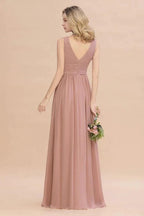 Ruffles V-Neck A-line Dusty Pink Bridesmaid Dresses | Sleeveless Floor-Length Evening Dresses by misshow.com