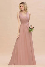 Ruffles V-Neck A-line Dusty Pink Bridesmaid Dresses | Sleeveless Floor-Length Evening Dresses by misshow.com