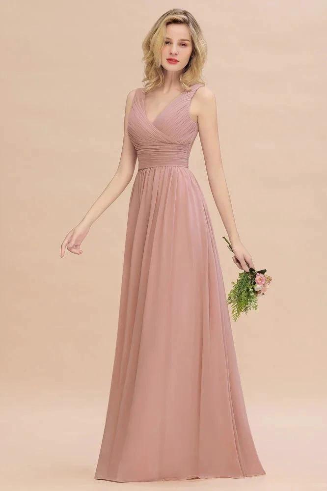 Ruffles V-Neck A-line Dusty Pink Bridesmaid Dresses | Sleeveless Floor-Length Evening Dresses by misshow.com