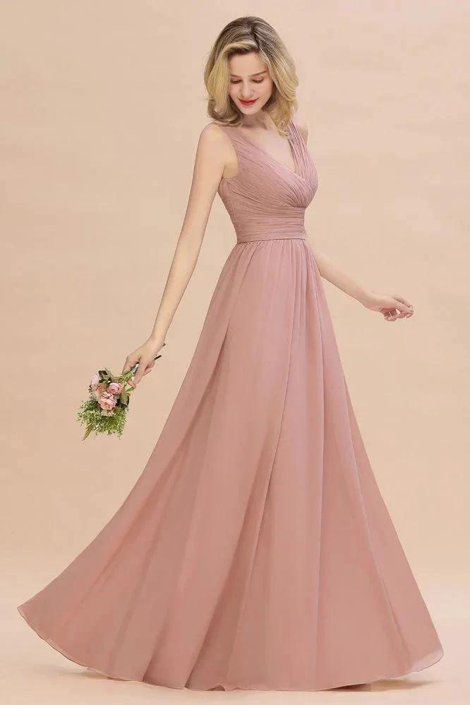 Ruffles V-Neck A-line Dusty Pink Bridesmaid Dresses | Sleeveless Floor-Length Evening Dresses by misshow.com