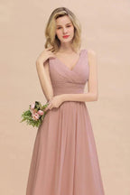 Ruffles V-Neck A-line Dusty Pink Bridesmaid Dresses | Sleeveless Floor-Length Evening Dresses by misshow.com