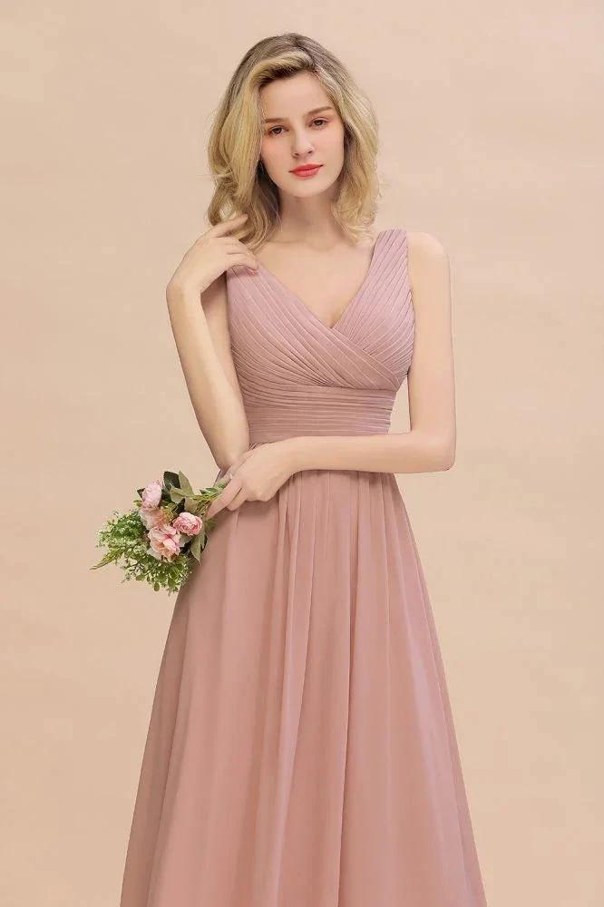Ruffles V-Neck A-line Dusty Pink Bridesmaid Dresses | Sleeveless Floor-Length Evening Dresses by misshow.com