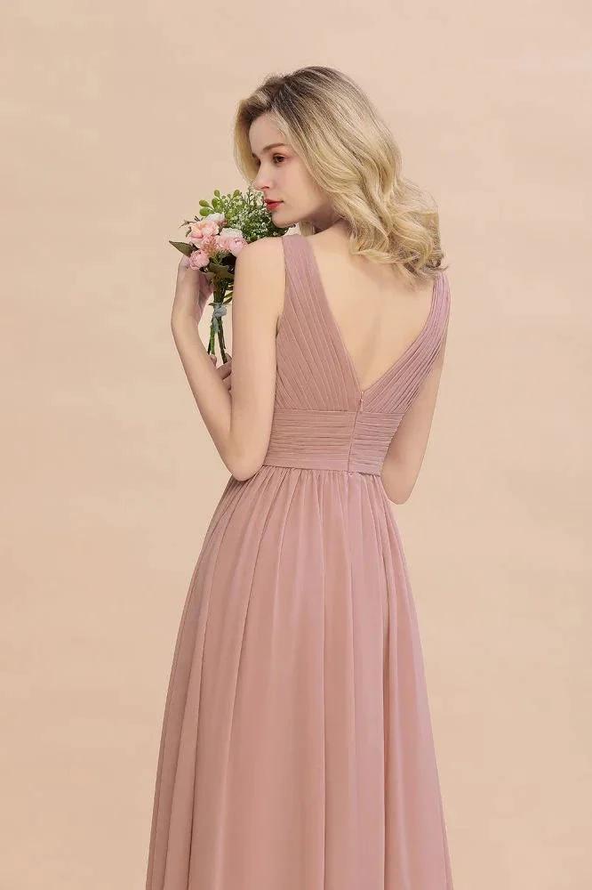 Ruffles V-Neck A-line Dusty Pink Bridesmaid Dresses | Sleeveless Floor-Length Evening Dresses by misshow.com
