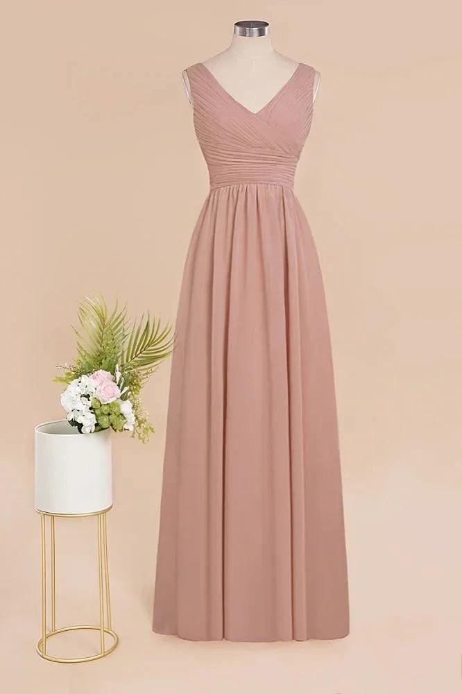 Ruffles V-Neck A-line Dusty Pink Bridesmaid Dresses | Sleeveless Floor-Length Evening Dresses by misshow.com