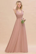 Ruffles V-Neck A-line Dusty Pink Bridesmaid Dresses | Sleeveless Floor-Length Evening Dresses by misshow.com