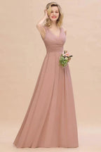 Ruffles V-Neck A-line Dusty Pink Bridesmaid Dresses | Sleeveless Floor-Length Evening Dresses by misshow.com