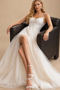 Rutipo As Picture A-Line/Princess V Neck Tulle Lace Sweep Train Wedding Dresses With Split Front Lace