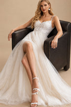 Rutipo As Picture A-Line/Princess V Neck Tulle Lace Sweep Train Wedding Dresses With Split Front Lace