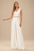 Rutipo Ivory Jumpsuit/Pantsuit V-Neck Sleeveless Elastic Satin Floor-Length Wedding Dresses With Lace Sash