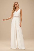 Rutipo Ivory Jumpsuit/Pantsuit V-Neck Sleeveless Elastic Satin Floor-Length Wedding Dresses With Lace Sash