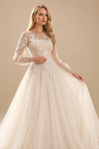 Rutipo As Picture Ball-Gown Scoop Neck Long Sleeves Tulle Lace Wedding Dresses With Appliques Lace Pleated