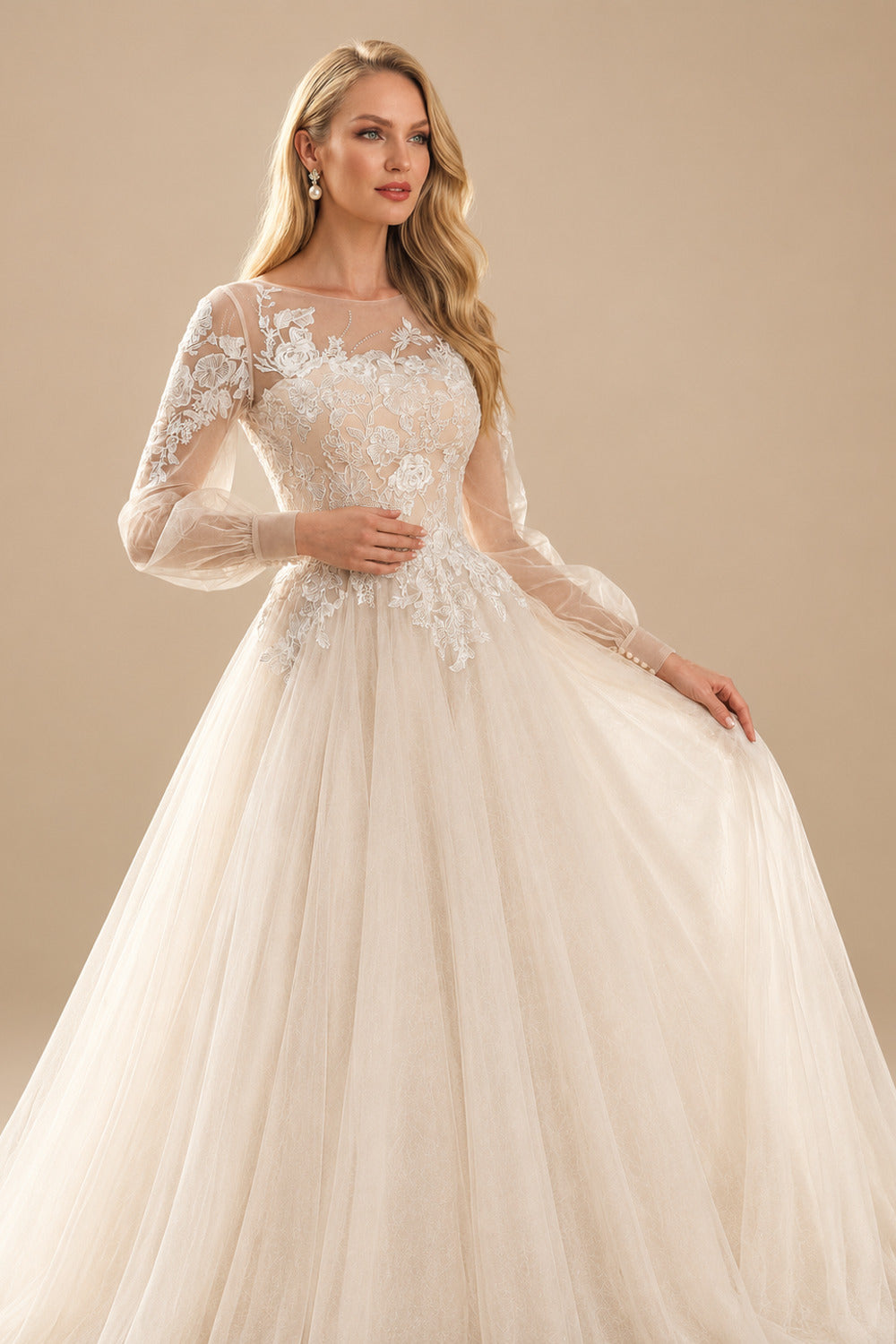 Rutipo As Picture Ball-Gown Scoop Neck Long Sleeves Tulle Lace Wedding Dresses With Appliques Lace Pleated