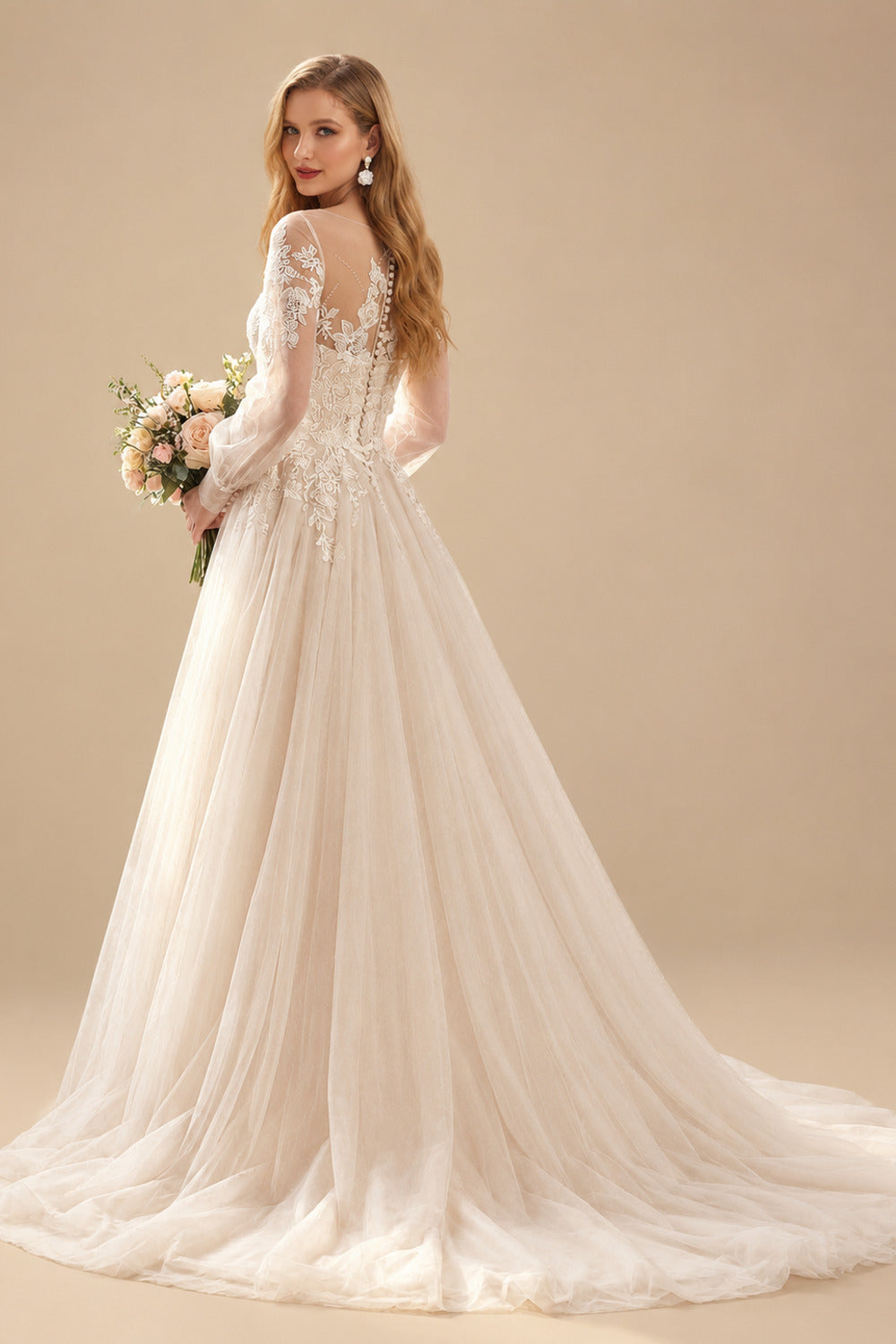 Rutipo As Picture Ball-Gown Scoop Neck Long Sleeves Tulle Lace Wedding Dresses With Appliques Lace Pleated