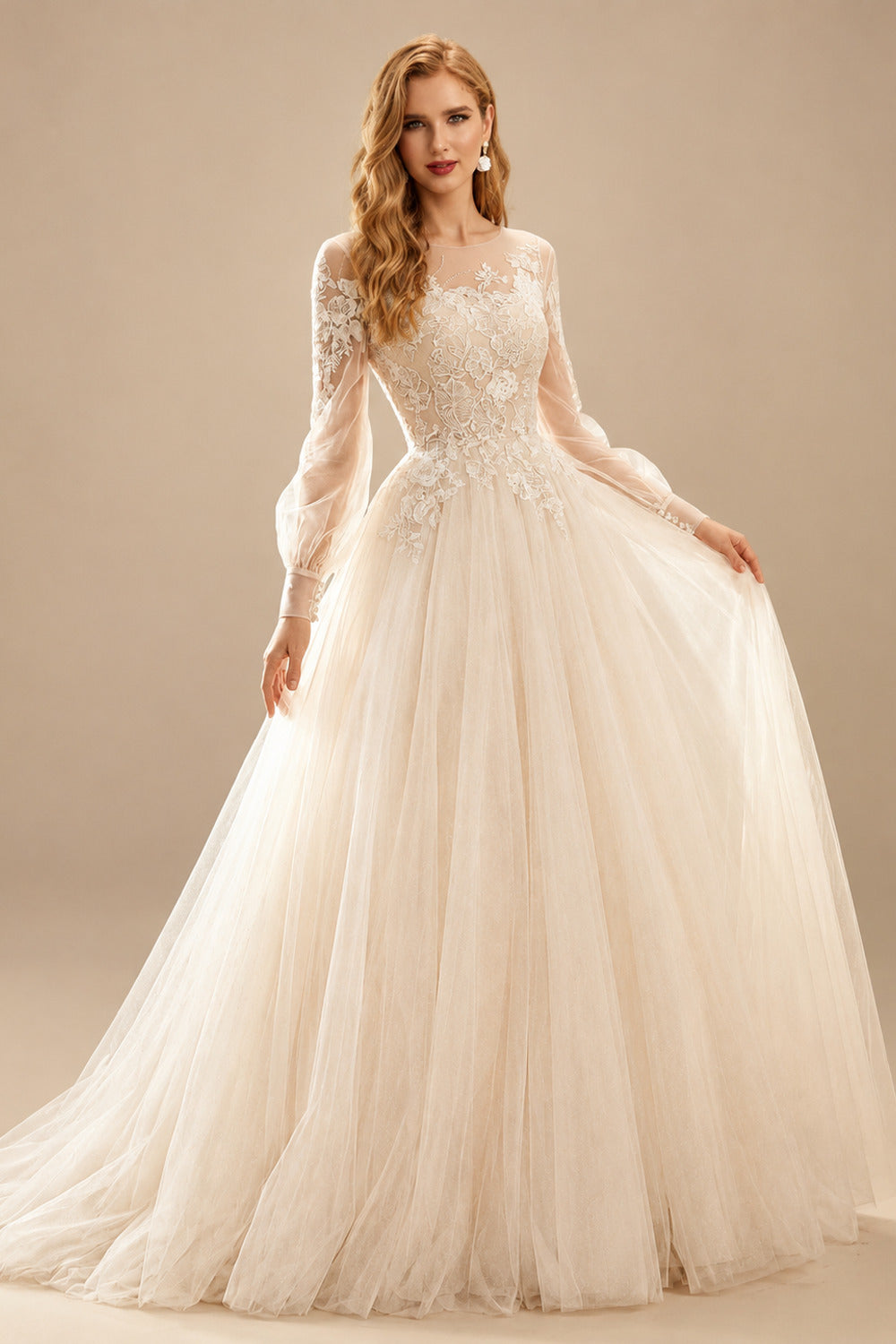 Rutipo As Picture Ball-Gown Scoop Neck Long Sleeves Tulle Lace Wedding Dresses With Appliques Lace Pleated