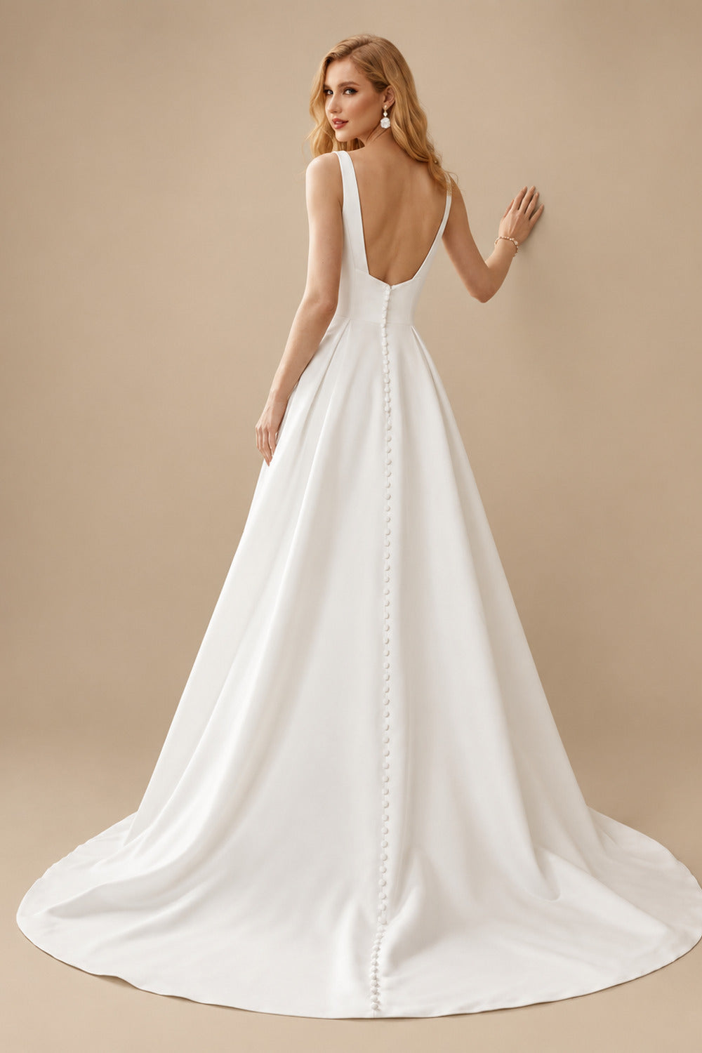 Rutipo Ivory Simple Square Neckline Regular Straps Satin Court Train Wedding Dress