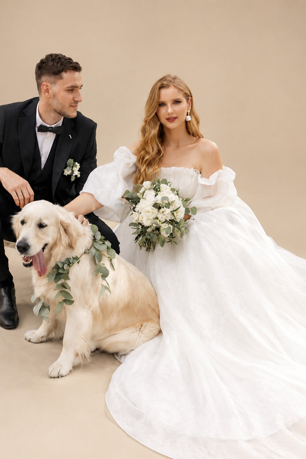 Rutipo Ivory Ball-Gown Square Neckline Long Sleeves Organza Sweep Train Wedding Dress With Ruffle